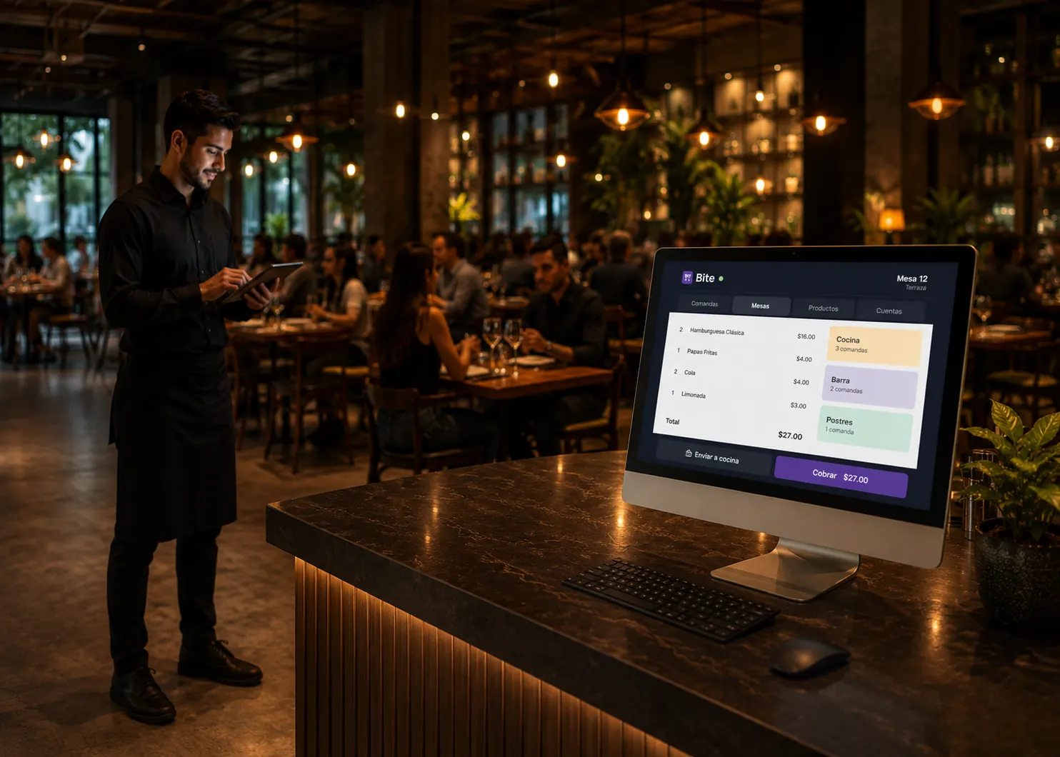 Mesero atendiendo con tablet en un restaurante conectado con Bite