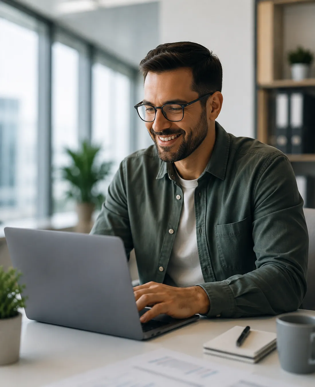 Empresario sonriente y tranquilo trabajando en su laptop, con su negocio bajo control