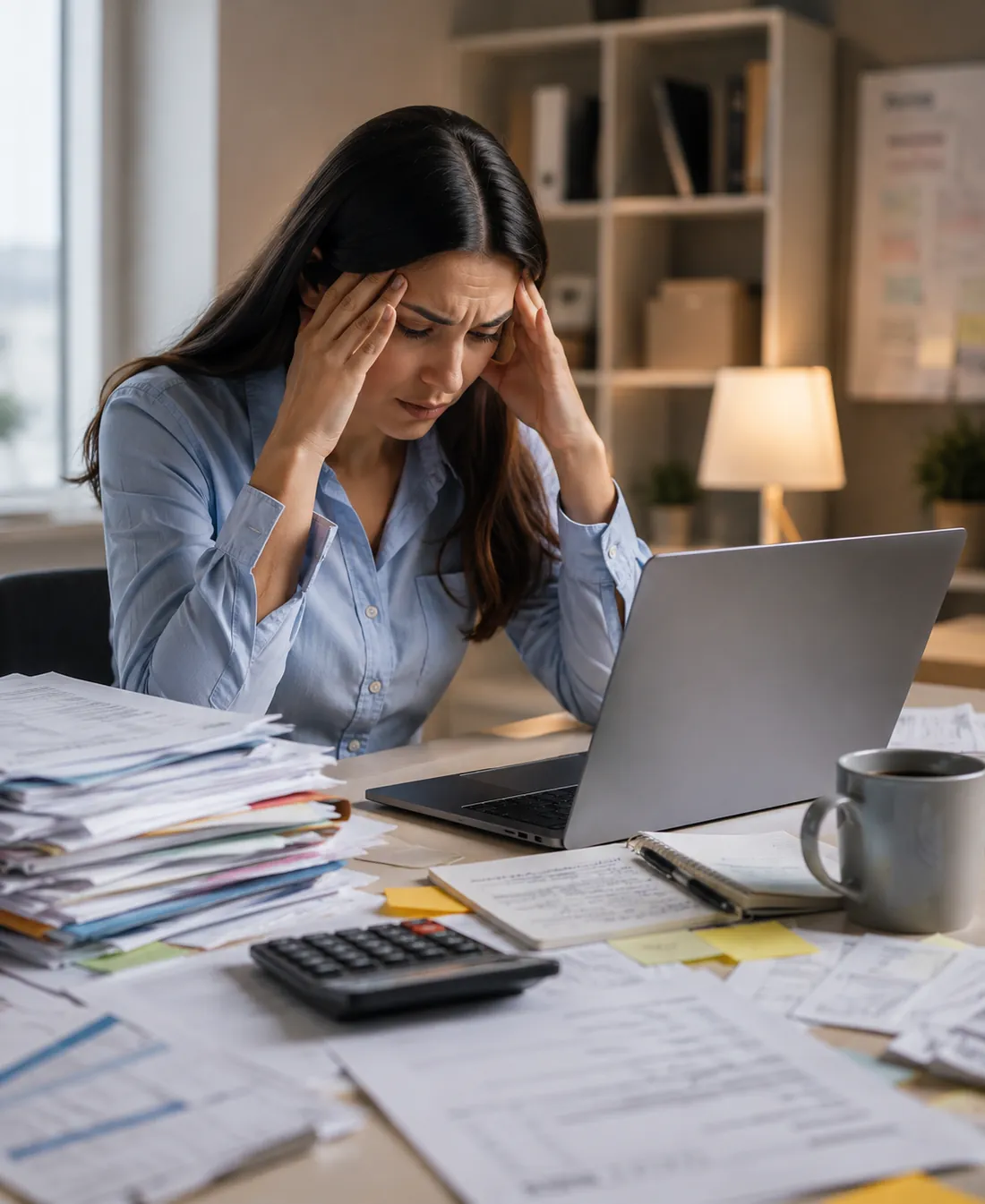 Empresaria revisando papeles y facturas con expresión de frustración, sin un sistema que le dé orden