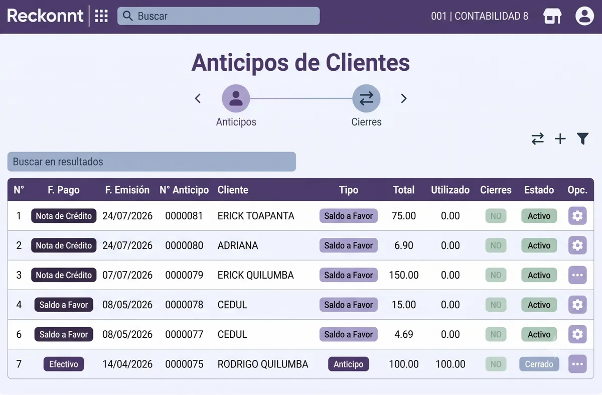Módulo de facturación electrónica SRI de Reckonnt con comprobantes autorizados