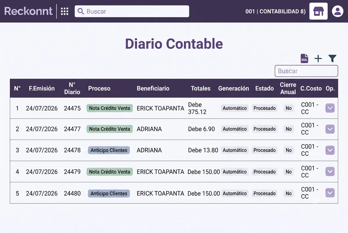 Conciliación bancaria de Reckonnt con movimientos de banco y caja integrados