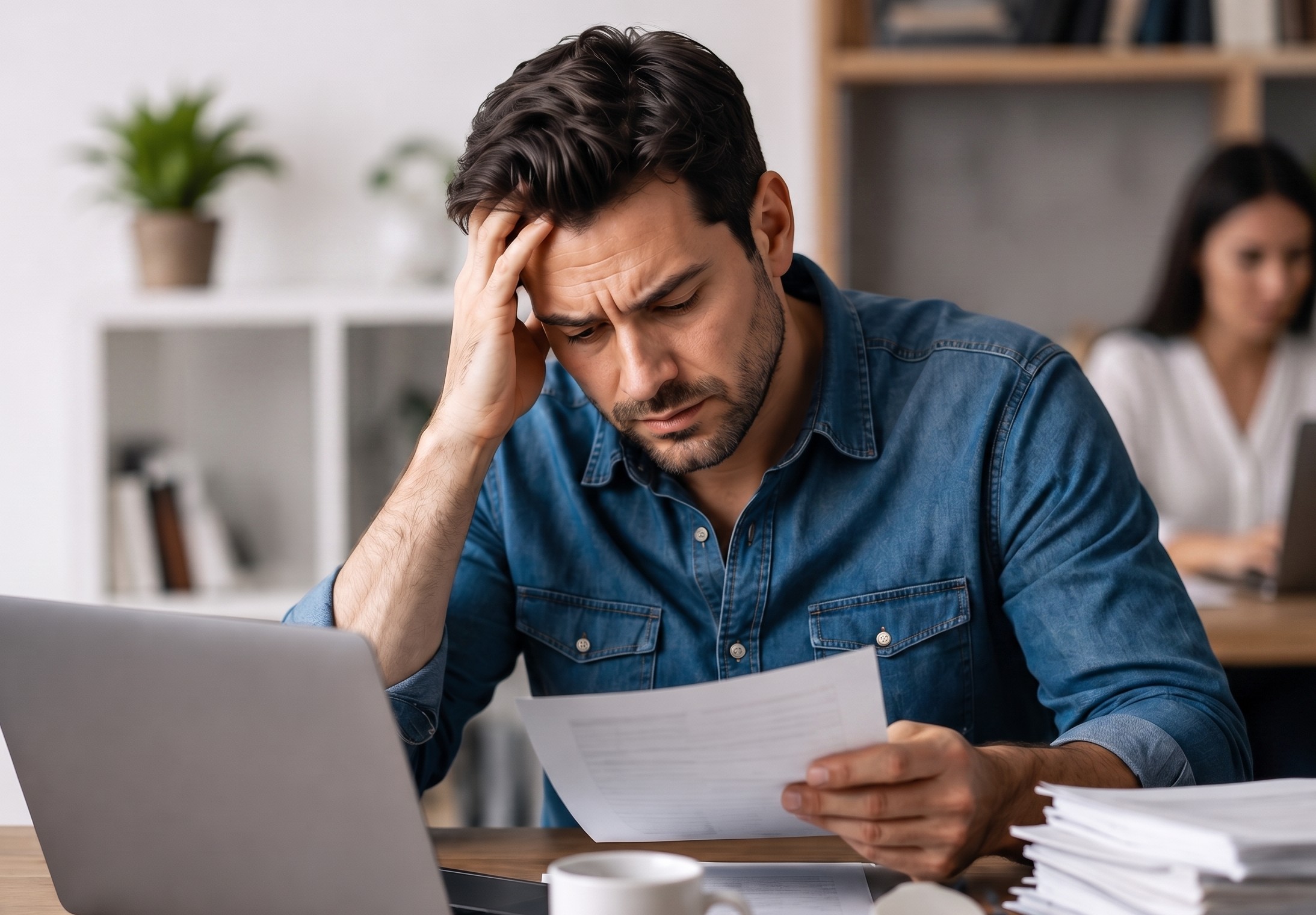 Empresario revisando facturas y documentos contables, preocupado frente a su laptop